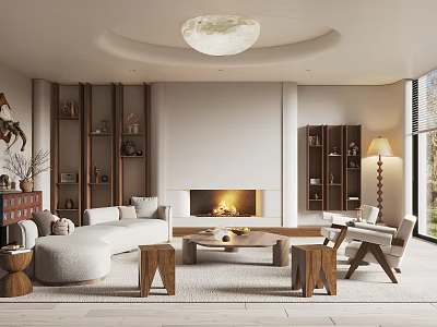 Modern Living Room Interior Design With Fireplace Sofa Coffee Table Accent Chairs And Wooden Shelves 3d model