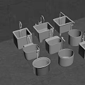 Stylish White Washbasins In Various Shapes With Modern Faucets On Tiled Floor
