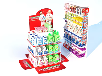 Red Promotional Household Items Display Stand With Laundry Detergent Cleaning Products And Figures 3d model