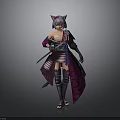 Detailed Anime Cat Ear Warrior Character In Kimono Outfit With Purple Pink Accents And Weapon