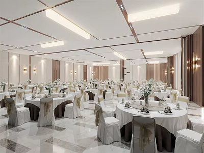 Elegant Banquet Hall Interior with Round Tables White Tablecloths And Flower Centerpieces And Bright Lighting 3d model