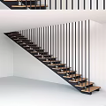 Modern Interior Staircase Design With Wooden Steps And Black Metal Railings Against White Wall