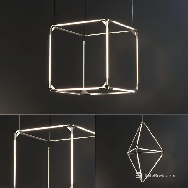 Modern Geometric Chandeliers Featuring Metal Frame and Illuminated Cube Pyramid Shapes 3d model 