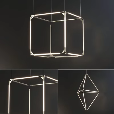 Modern Geometric Chandeliers Featuring Metal Frame and Illuminated Cube Pyramid Shapes 3d model