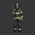 Man in Firefighter Uniform With Helmet Holding Rescue Tool in Standing Pose