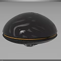 Shiny Metallic Cosmic Spacecraft with Smooth Surface and Orange Ring Floating in Dark Background