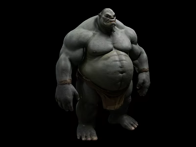 Muscular Large Game Character With Gray Skin Brown Shorts And Arm Bands 3d model