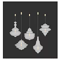 Five Transparent Glass Chandeliers With Unique Spiral Designs Illuminated Golden Hooks Black Background