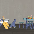 Colorful Children's Table With Blue Yellow Legs Chairs Stools And Play Toys