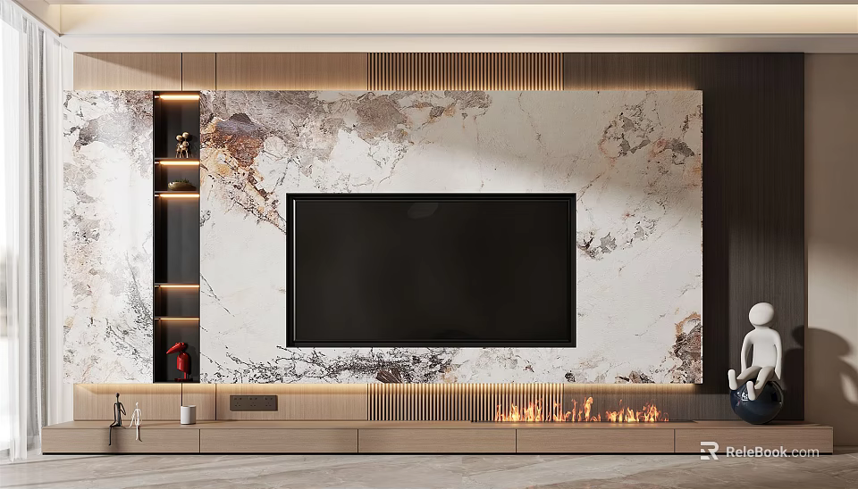 Modern TV Wall Design With Marble Pattern Embedded TV Fireplace And Decorative Shelves 3d model 