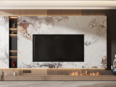 Modern TV Wall Design With Marble Pattern Embedded TV Fireplace And Decorative Shelves 3d model