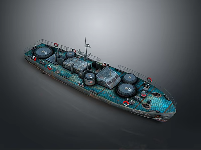 Vintage Blue Water Vessel with Deck Equipment Railings and Circular Buoys 3d model
