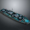 Vintage Blue Water Vessel with Deck Equipment Railings and Circular Buoys