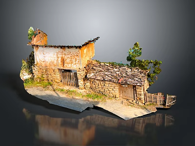 Traditional Rural Stone House With Tiled Roof And Small Green Trees 3d model