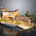 Traditional Rural Stone House With Tiled Roof And Small Green Trees