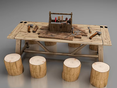 Rustic Wooden Tea Table with Tree Stump Chairs and Tools on Tabletop 3d model