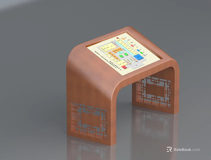 Modern Public Information Kiosk With Wooden Carved Frame And Interactive Map Screen 3d model