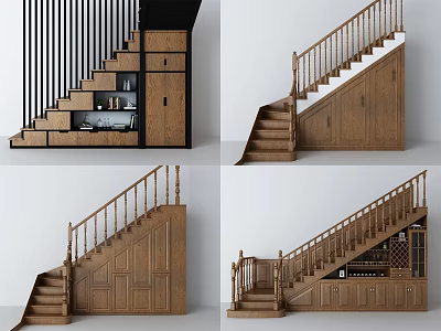 Elegant Wooden Staircase Design with Storage Cabinets and Open Shelves for Home Interior 3d model