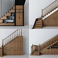 Elegant Wooden Staircase Design with Storage Cabinets and Open Shelves for Home Interior
