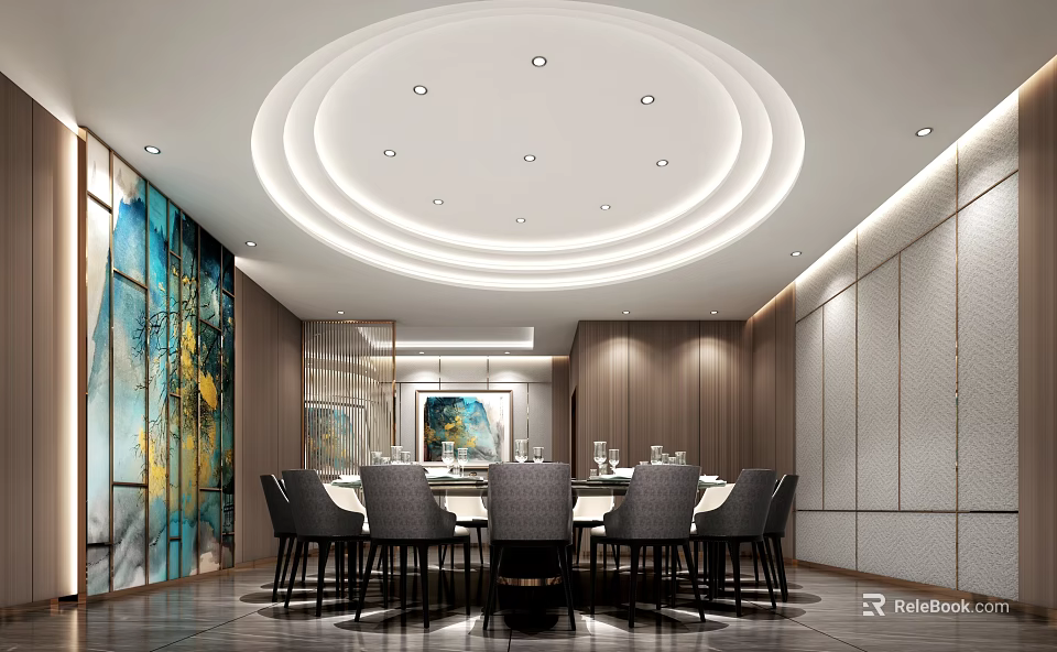 Modern Private Dining Room With Round Table Chairs And Circular Ceiling Lights 3d model
