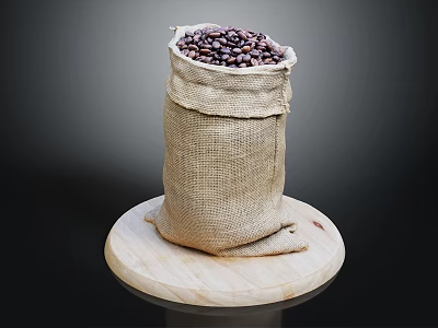 Burlap Bag Filled With Coffee Beans On Round Wooden Disc 3d model