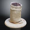 Burlap Bag Filled With Coffee Beans On Round Wooden Disc