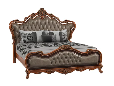 Ornate Wooden Frame Double Bed With Tufted Gray Upholstered Headboard And Decorative Pillows 3d model
