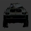 Green Military Armored Vehicle With Antenna Equipment Worn Surface And Muddy Tires
