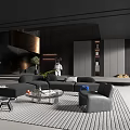 Modern Living Room With Black Sofa Glass Coffee Table Gray Rug And Blue Accents
