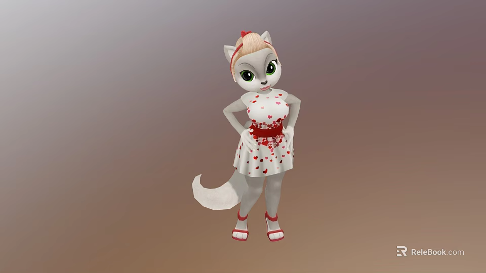Animated Game Character White Fur Pink Ears Red Bow Heart Pattern Dress Belt And Sandals 3d model 