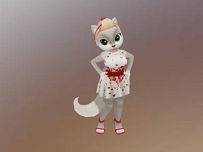 Animated Game Character White Fur Pink Ears Red Bow Heart Pattern Dress Belt And Sandals 3d model