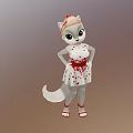 Animated Game Character White Fur Pink Ears Red Bow Heart Pattern Dress Belt And Sandals