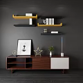Walnut TV Stand With Star Ornament Photo Frame Potted Plant Table Lamp And Wall Shelves