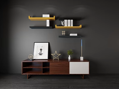 Walnut TV Stand With Star Ornament Photo Frame Potted Plant Table Lamp And Wall Shelves 3d model