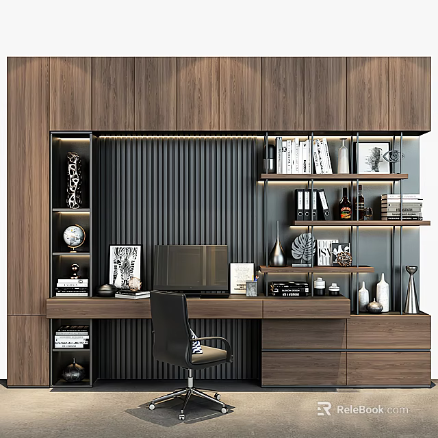 Modern Wooden Desk With Bookshelves Laptop Decorative Items Drawers And Ambient Lighting 3d model 