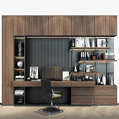 Modern Wooden Desk With Bookshelves Laptop Decorative Items Drawers And Ambient Lighting 3d model