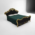 Elegant Black Double Bed With Gold Ornate Carvings Diamond Tufted Headboard And Green Bed Sheet