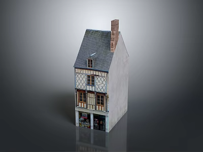 Traditional Timber Framed Residential Building With Gray Roof Chimney And Ground Floor Shopfronts 3d model