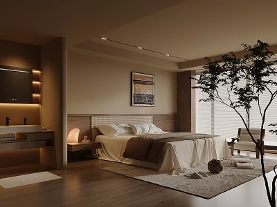 Modern Bedroom Interior Design With Bed Nightstand Rug Window Decorative Painting And Tree Plant 3d model