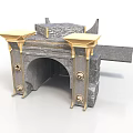 Ornate Archway Structure With Gray Stone Golden Decorations And Arched Opening