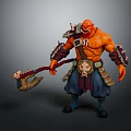 Orange Skinned Muscular Warrior Character With Skull Adorned Axe And Waist Pendant