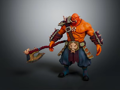 Orange Skinned Muscular Warrior Character With Skull Adorned Axe And Waist Pendant 3d model