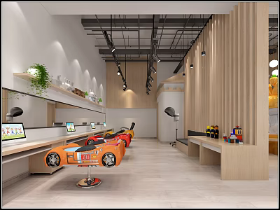 Kids Hair Salon Mall Store With Orange Car Shaped Chairs Mirrors Plants And Toys 3d model