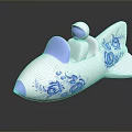 White Airplane Shaped Decorative Ornament With Blue Floral Patterns Purple Seat And Small Pilot Figure