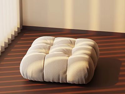 Beige Square Cushioned Stool on Wooden Floor With Striped Light Shadows and White Curtains 3d model