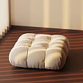 Beige Square Cushioned Stool on Wooden Floor With Striped Light Shadows and White Curtains