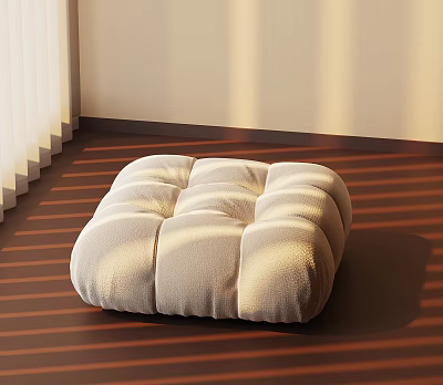 Beige Square Cushioned Stool on Wooden Floor With Striped Light Shadows and White Curtains 3d model
