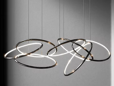 Modern Minimalist Chandelier Design With Multiple Illuminated Circular Rings in Gray Background 3d model