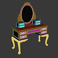 Elegant Red Wooden Dressing Table With Carved Details Round Mirror And Drawers
