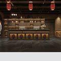 Chinese Style Hotel Lobby With Wooden Decor Red Lanterns Wine Shelves And Clay Jars